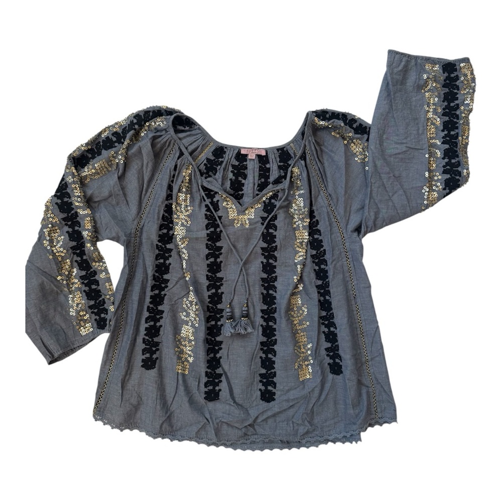 Calypso St. Barth Embroidered Sequin Boho Blouse Gray Size M
